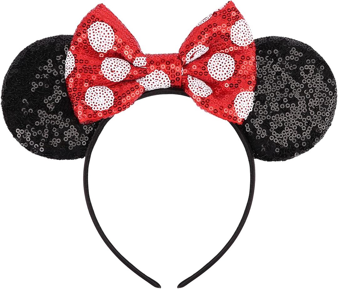 Mouse Ears Headbands with Bow Minnie Ears Cosplay Costume Hair Accessories for Women Birthday Party Decoration (1 Pc:black With Red Polka Dot Bow)