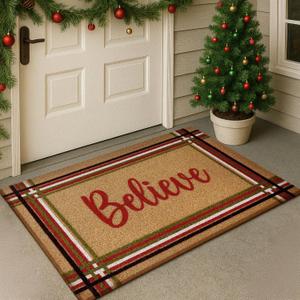 WILLBOND Christmas Coir Doormat Outdoor Welcome Door Mat 28 x 16 Inch Red and Green Striped Believe Xmas Floor Mat Non Slip Heavy Duty for Xmas Indoor Outdoor Entrance Door Porch Front Decor