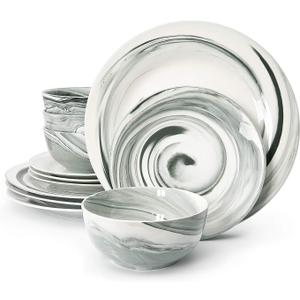 Divitis Home Fusion Porcelain Dinnerware Set 12 Piece, Black Round Plates and Bowls (Soup, Dinner, Salad), Dish Set