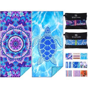 2 Pack Microfiber Oversized Lightweight Beach Towel 71"x32" XL Extra Large Thin Sand Free Towels Travel Swim Pool Yoga Gym Camping for Adults Women Men Beach Essentials Accessories Vacation Gift (Turtle Mandala)