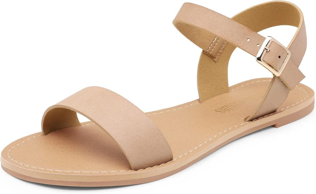 DREAM PAIRS Women's Ankle Strap Flat Sandals Open Toes One Band Buckle Summer Dressy Sandals (Beige, 10)