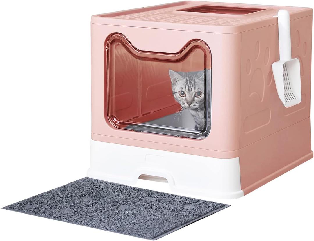 Medario Cat Litter Box with Litter Mat and Scoop, Large Covered Litter Box with Lid, Enclosed Kitty Box, Front Entry Top Exit, Odor Control, Easy to Clean (Pink)