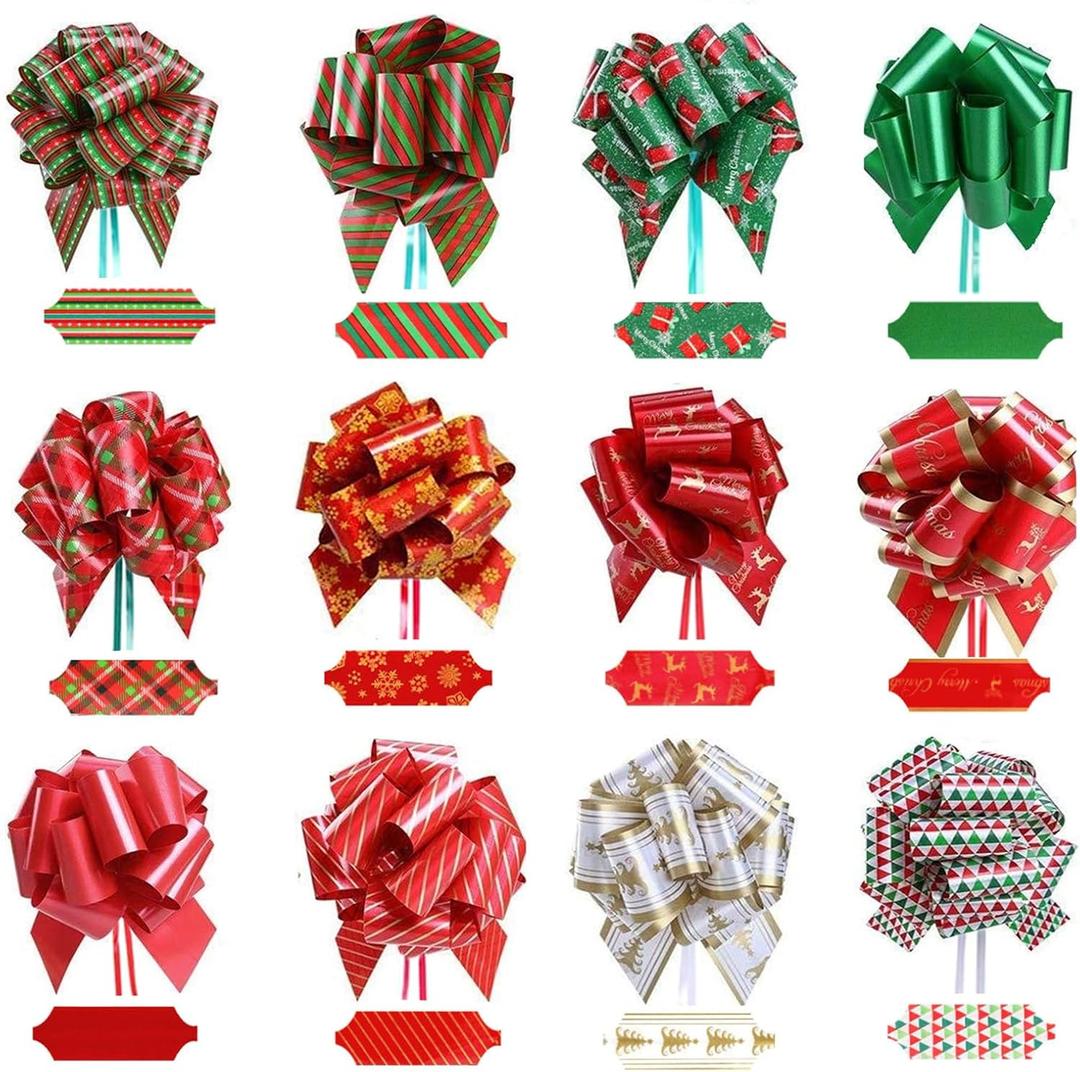 12Pcs Christmas Pull Bows Large Gift Bows Double-Sided Print Ribbon for Xmas Present Gift Wrapping, Christmas Decorations, Birthday Wrap, Holiday Decor, Florist