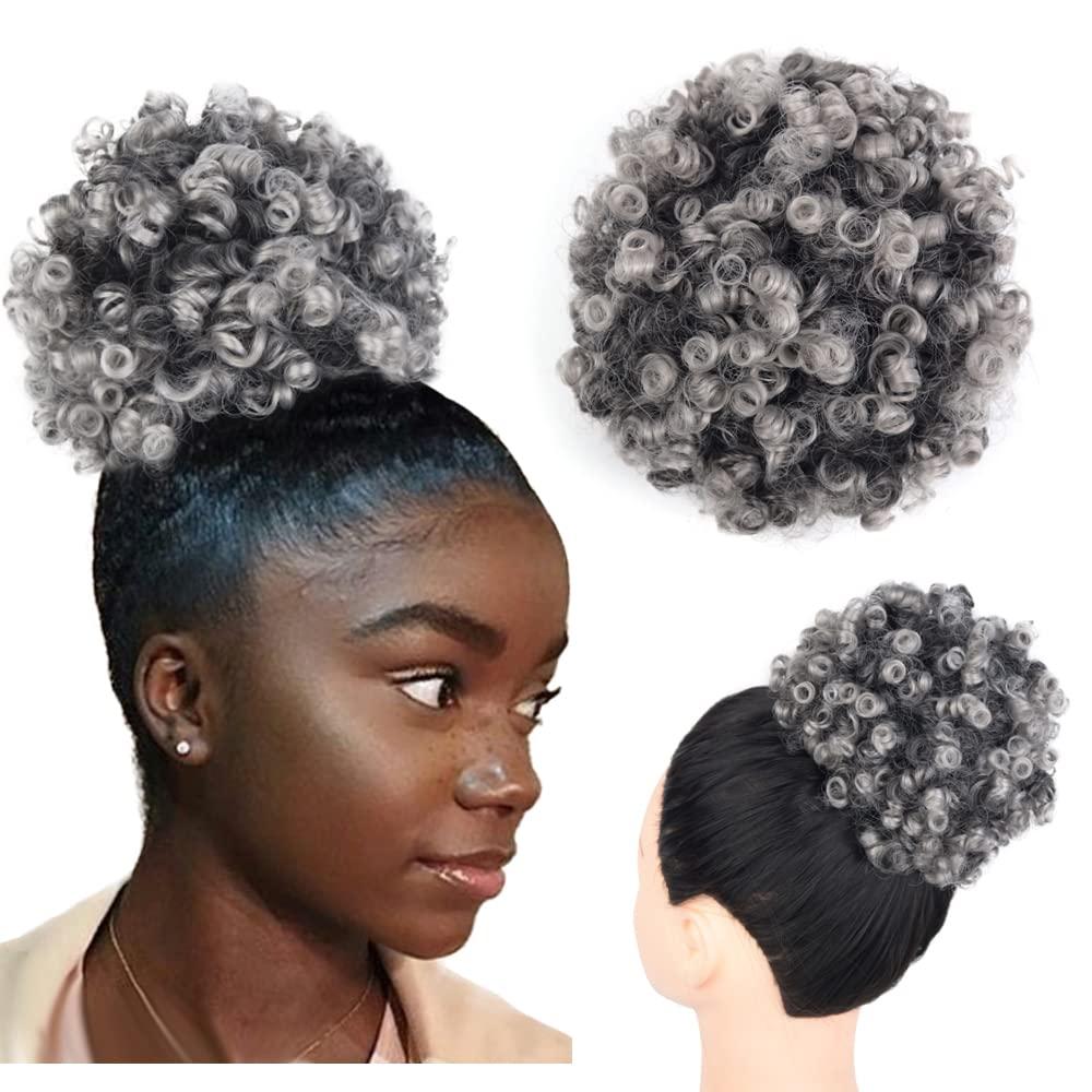 Yinmei Baibian Ombre Grey Loose Wave Afro Puff Drawstring Ponytail Hair Extension for Black Women Kinky Curly Hair Bun Wavy Short Mini Afro Puff Hairpieces(1BGrey#)