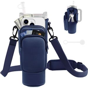 Water Bottle Carrier Bag with Phone Pocket for Stanley Cup 40/30 oz, Water Bottle Holder with Adjustable Strap& Straw Cover, Stanley Cup Accessories (06 Prussian Blue)