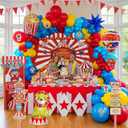 Carnival Theme birthday party decorations & include red blue yellow balloon & foil hot air popcorn balloons & striped banner tablecloth & Backdrop carnival Circus road sign paper card Signboard decor