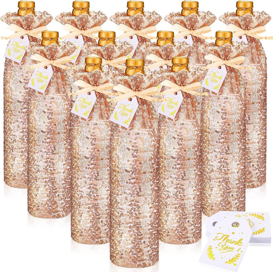 Shappy 12 Pcs Rose Gold Satin Wine Gift Bags with Drawstrings and Tags, Wine Bottle Bags Covers Reusable for Holiday Party Supplies