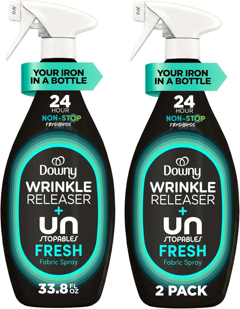 2 x Downy Wrinkle Releaser Spray, All In One Wrinkle Release Spray, Odor Eliminator, Static Remover, Fabric Refresher & Ironing Aid for Clothes, 33.8 Fl Oz (Pack of 2), Unstopables Fresh Scent