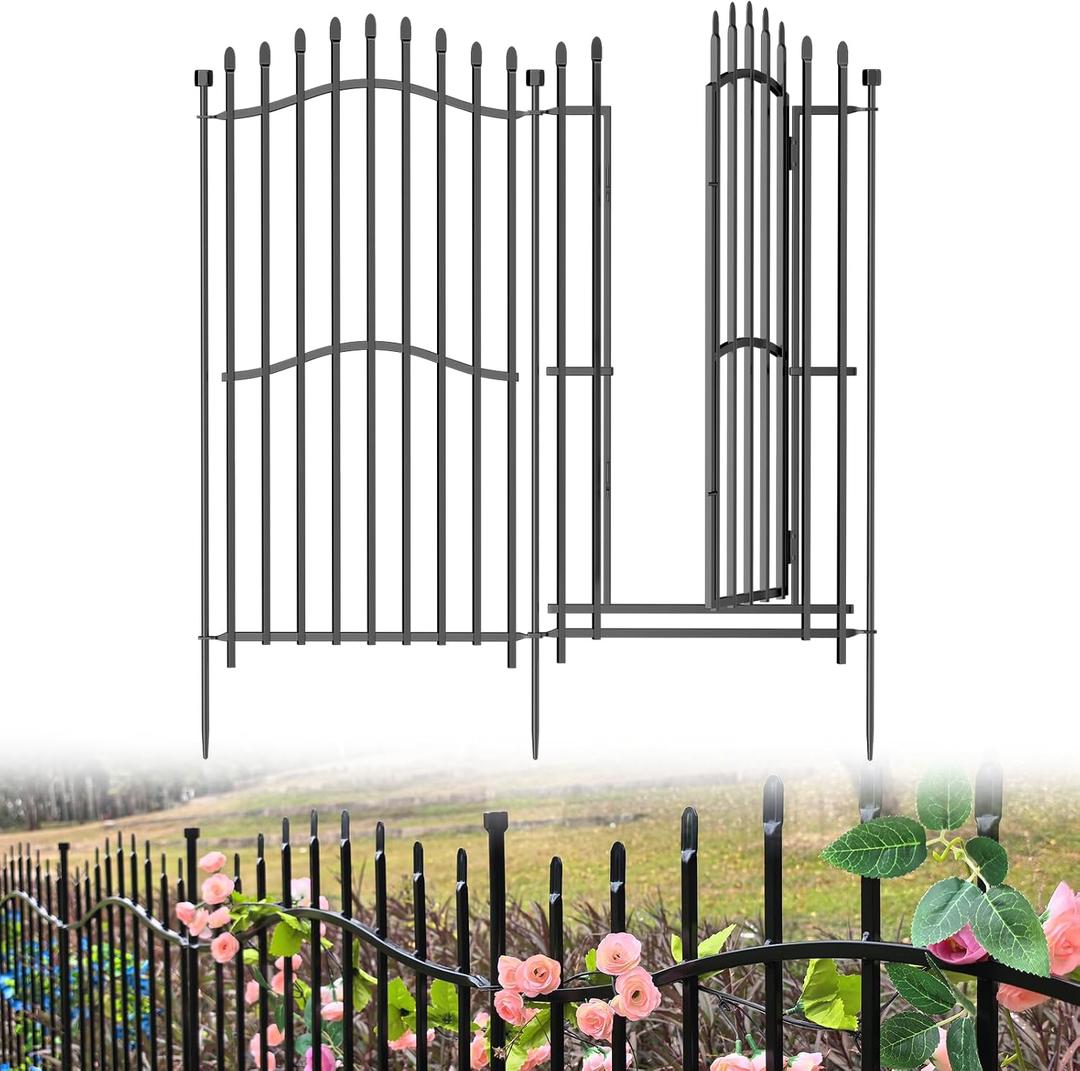 4 Panels No Dig Decorative Garden Fence with Gate - 48in H x 9ft L, Tall Heavy-Duty Square Tube Animal Barrier, Rustproof Dog Fence for Patio Protection & Outdoor Yard