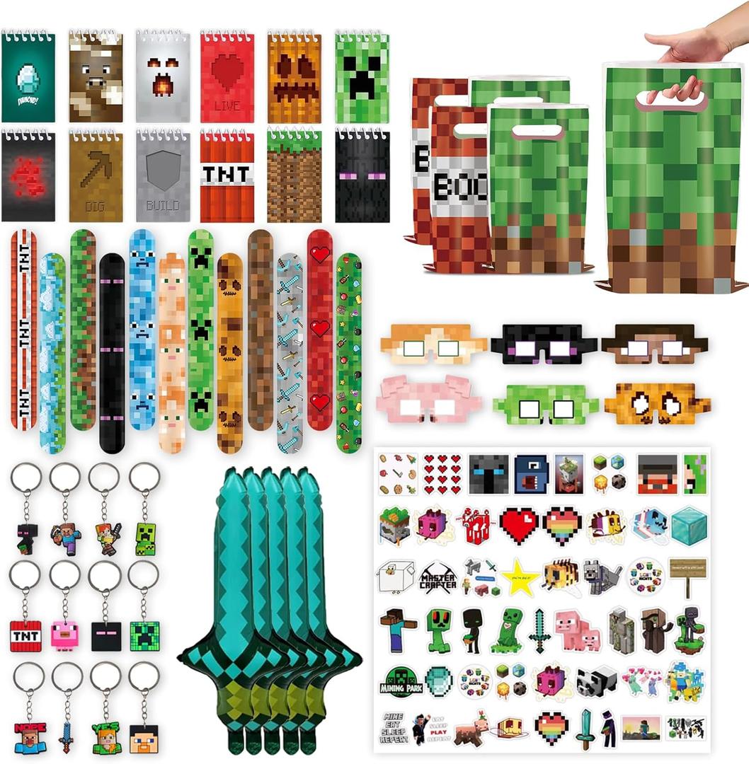 120 PCS Party Favors for Pixel Theme Birthday Party Supplies, Goodie Bag Stuffers Favors includes 50 Stickers, 12 Gift Bags,12 Wristbands,12 Keychains,10 Sword Foil Balloons,12 masks,12 Mini Notepads.