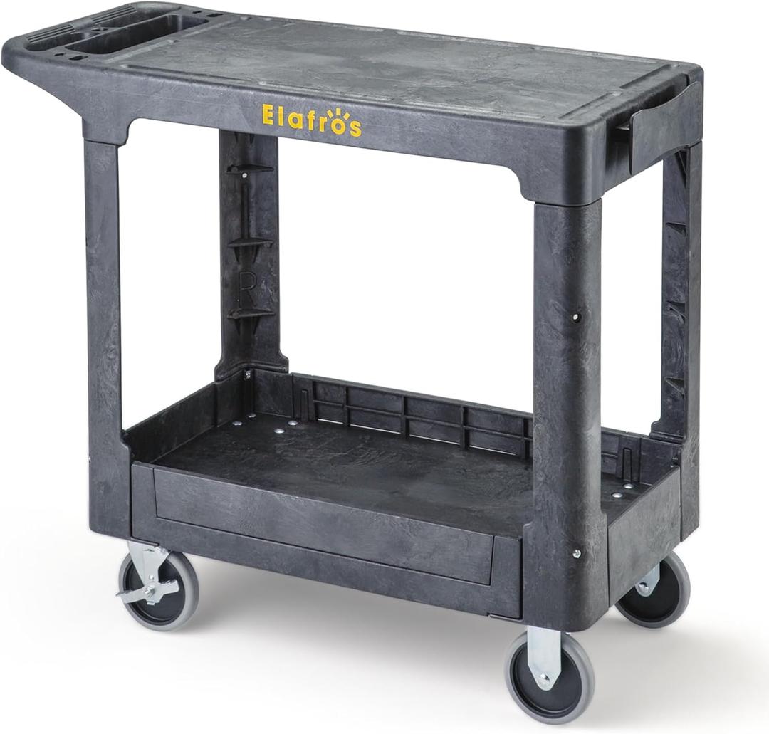 ELAFROS Heavy Duty Plastic Utility Cart Flat top 37 x 18.8 Inch - Work Cart Flat Shelves and 2 Swivel 2 Fixed Wheels Safely Holds up to 550 lbs - 2 Tier Service Cart Mail cart, Gray