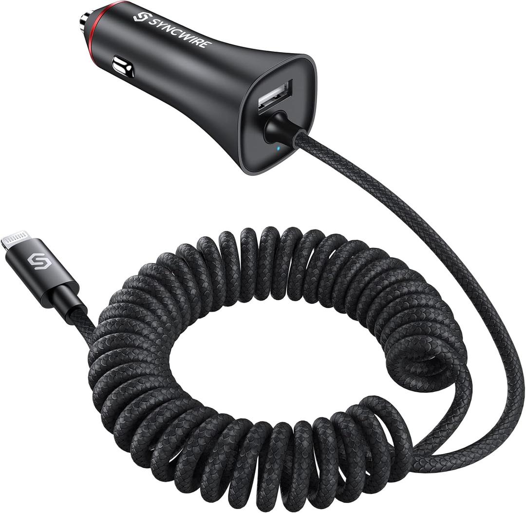 [Apple MFi Certified] Syncwire iPhone Car Charger 32W Super Fast Car Phone Charger Cigarette Lighter USB Car Adapter with Build-in 5FT Coiled Lightning Cable for Apple iPhone 14/13/12/11/XR/Max, iPad