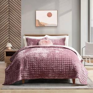 RECYCO Luxury Velvet Quilt Set Full Queen Size, Lightweight Velvet Comforter Set, Oversized Bedspread Coverlet Quilted Bedding Set, with 2 Matching Pillow Shams, for All Season, Dusty Mauve Pink