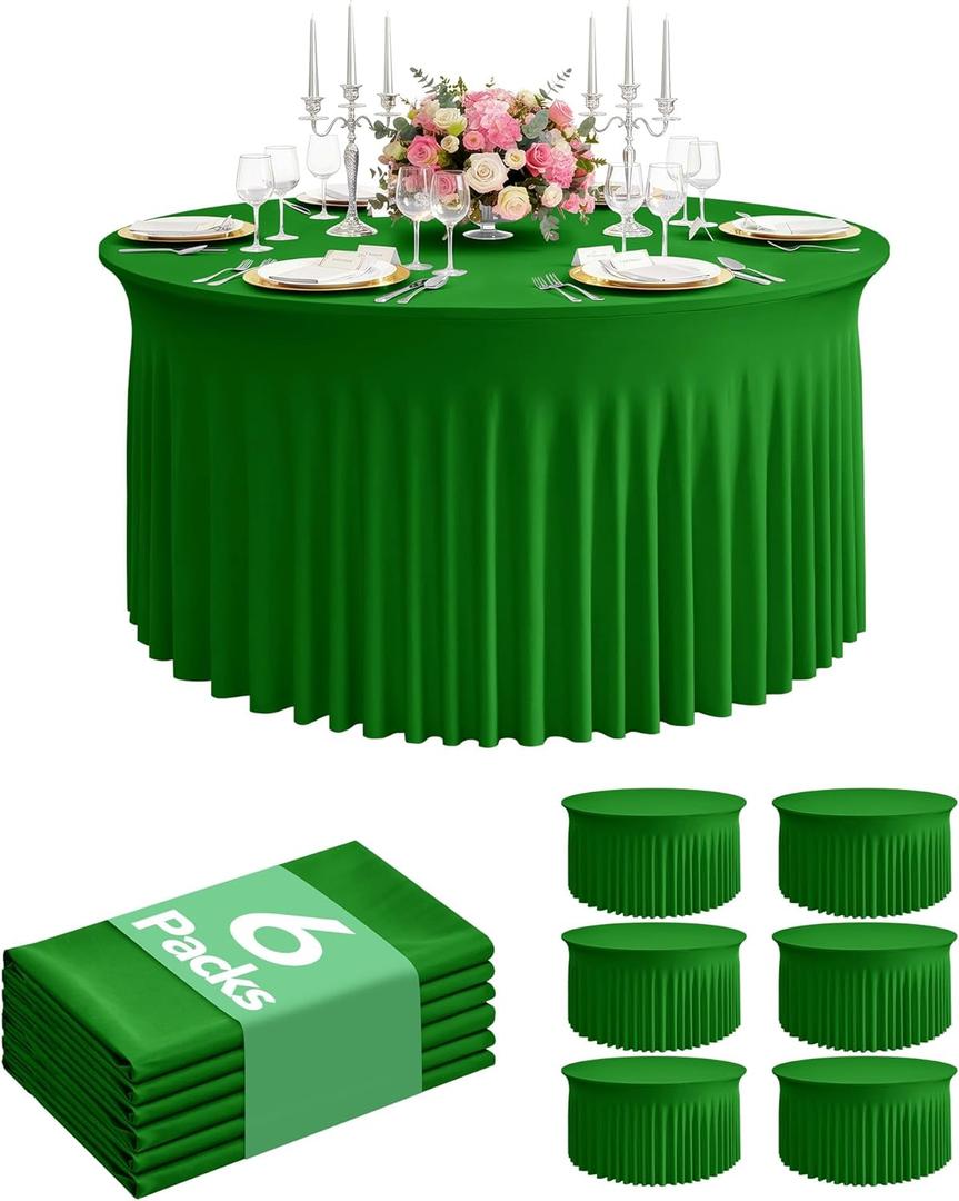6 Pack Spandex Table Cover Skirts for 60 inch Round Tables, Green Stretch Table Cloths with Floor-Length Ruffle, Elastic Fitted Skirted Tablecloth for Elegant Wedding Banquet Party Buffet Decoration