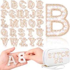 WILLBOND 52 Pieces Self Adhesive Pearl Rhinestone Letter Patches A-Z Glitter Letter Stickers Pearl Alphabet Appliques for Clothes Hat Backpack, Wedding Graduation Mother's Day DIY Crafts(Gold)