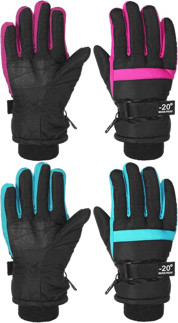 SATINIOR 2 Pairs Kids Waterproof Winter Snow Gloves Ski Gloves for Boy Girl Outdoor Warm Thickening Snowboar (8-12 Years, Cyan, Rosarot)