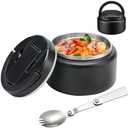 BABHAMNESS 13.5oz Soup Thermo for Hot Food Kids Insulated Vacuum Food Jar with Buckle Lid,Wide Mouth Leakproof Stainless Steel Lunch Container with Spoon-Black