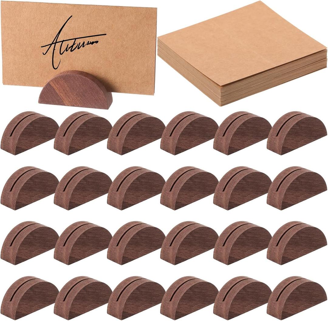 Colingmill 24 Pcs Wooden Table Number Stands Wedding Table Name Holder Semicircular Design Place Card Holders with 24 Pcs Tented Cards for Retail Shop Wedding Party Events Decoration(Brown)