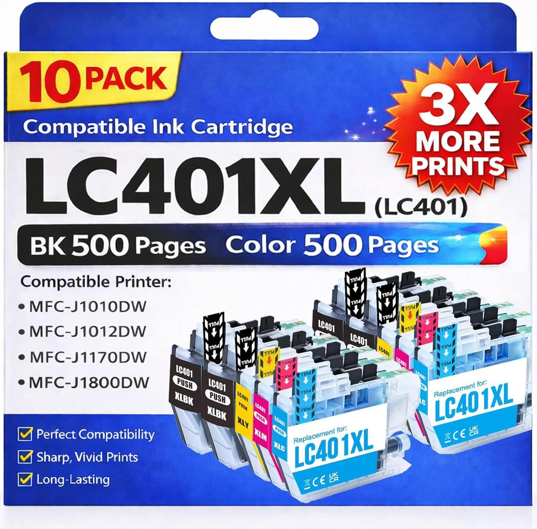 LC401XL Ink Cartridges for Brother (10 Pack) High Yield Replacement for Brother LC401 Ink (4 Black, 2 Cyan, 2 Magenta, 2 Yellow) Compatible with MFC-J1010DW J1012DW J1170DW J1800DW Printer