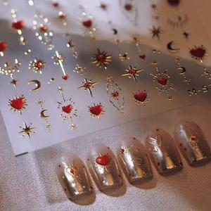 2 x Red Heart Nail Art Stickers 5D Embossed Gold Nail Decals Self-Adhesive Moon Star Nail Stickers Golden Nail Supply DIY Manicure Decoration for Women (1 Sheet)
