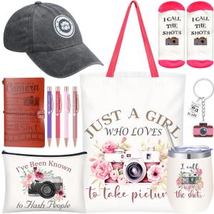 Geiserailie 11 Pcs Photographer Gifts for Camera Lovers Christmas Birthday Gifts Set for Women Photography Lovers Include Inspirational Canvas Bag Makeup Bag Hat Socks Keychain Cup Notebook Pen (Pink)