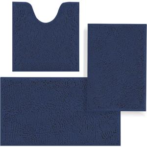 Bathroom Rugs, Bath Mat Sets 3 Piece, Extra Thick Soft Absorbent Chenille Bath Rugs, Rubber Non-Slip Backing Machine Washable Quick Dry Bath Mats for Tub and Shower, Home Decor Accessories（Deep Blue)