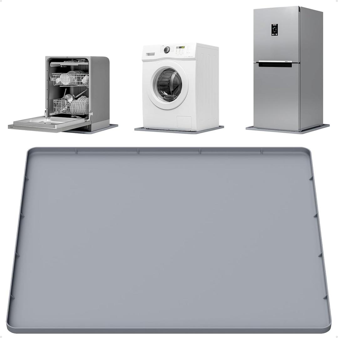 Washing Machine Drain Pan 27''x27'' with 0.78'' Raised Edges, Waterproof Silicone Mat, Leak-Proof Washer Drain Tray for Floor Protection, Washer Dryer, Gray