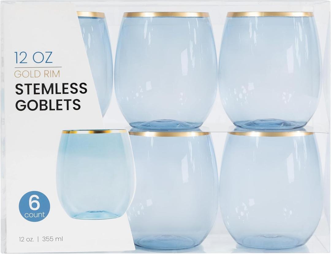 PLASTICPRO 12 Pack Blue With Gold Rim Plastic Glasses Stemless Disposable 12 oz BPA Free Shatterproof Plastic Cups Glasses for Parties