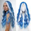YBYMCAI Blue with White Highlights Wig Long Wavy Wigs for Women Middle Part 26 inch Natural Curly Synthetic Wig Heat Resistant Fiber Wigs for Daily Party Use