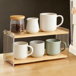 2-Tier Coffee Station Organizer, Acrylic & Pine Wood Mug Holder for Coffee Bar & Matcha Station, Easy-to-Clean Countertop Shelf, Modern Minimalist Design