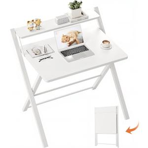 GreenForest Folding Desk No Assembly Required Large Size, 2-Tier Foldable Computer Desk with Shelf for Home Office, Space Saving Portable Laptop Study Foldable Table for Bedroom, White, 24.5 x 30 inch