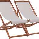 Outdoor Wooden Patio Lounge Chair 2 Set Beach Sling Chair Set Height Portable Reclining Beach Chair Solid Wood Frame with White Polyester Canvas 3 Level,Grey