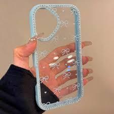EYZUTAK for iPhone 16 Case Bow Heart Case, Bling Glitter Rhinestone Phone Cover with Luxury Sparkly Diamonds Edge Shiny Glossy Anti-Scratch Clear TPU Shockproof Bumper Cover for Women Girls-Blue Bow 2 Pack