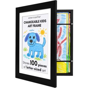 Kids Artwork Frame Changeable (Black) - Magnetic Door Holds 100 Art Pieces - 8.5x11" Letter Size Display with Mat or 10x12.5 Without Mat - My Mini Masterpiece