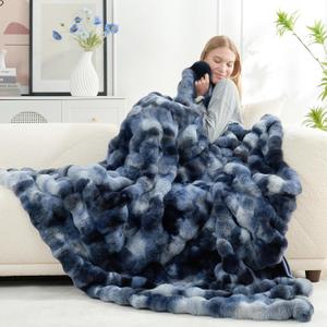 Cozy Bliss Faux Fur Throw Blanket for Couch, Fuzzy Soft Plush Thick Bubble Blanket for Sofa Bedroom Living Room, 48" * 70 Inches Tie-dye Blue