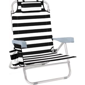 Backpack Beach Chair for Adults 5 Position Reclining Low Beach Chair with Cooler, Cup Holder & Towel Bar, Lightweight Folding Beach Chair Backpack, Portable Lay Flat Beach Lounger Black Stripe