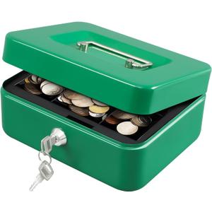 KYODOLED Medium Cash Box with Money Tray,Small Safe Lock Box with Key,Cash Drawer,7.87"x 6.30"x 3.54" Green Medium