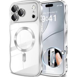 GVIEWIN for iPhone 17 Pro Max Case Compatible with MagSafe, Upgraded [Full Camera Protection][Cute Wave Frame][Military Grade Protection] Electroplated Hard Phone Cover for Women Girl, Clear/Silver