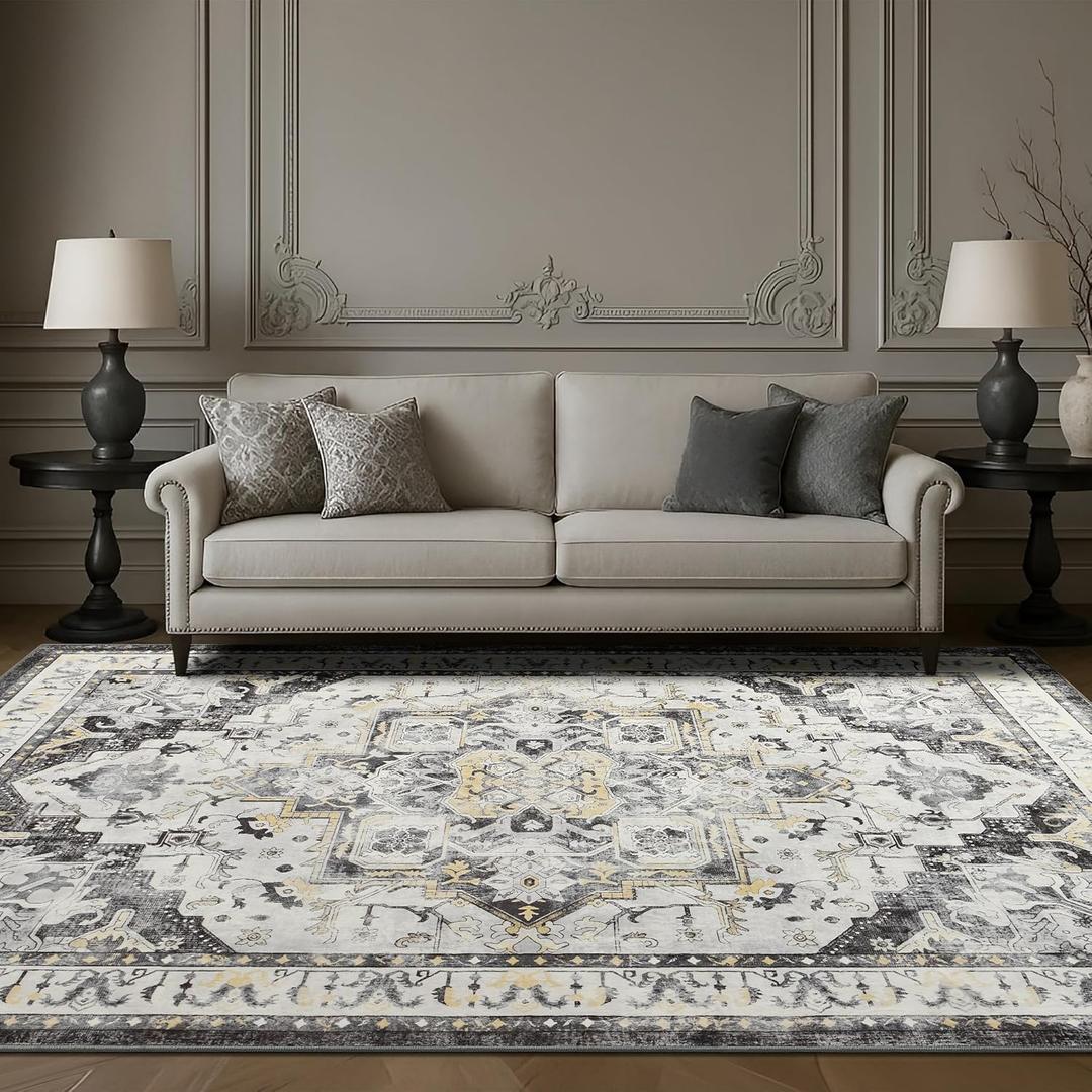 Boho Washable Area Rug 5x7, Spill-Proof Surface, Non-Slip Backin,Low Pile Faux Wool Large Printed Rugs for Living Room,Bedroom, Dining Room, Kitchen Floor, Small Office (Grey, 5x7)