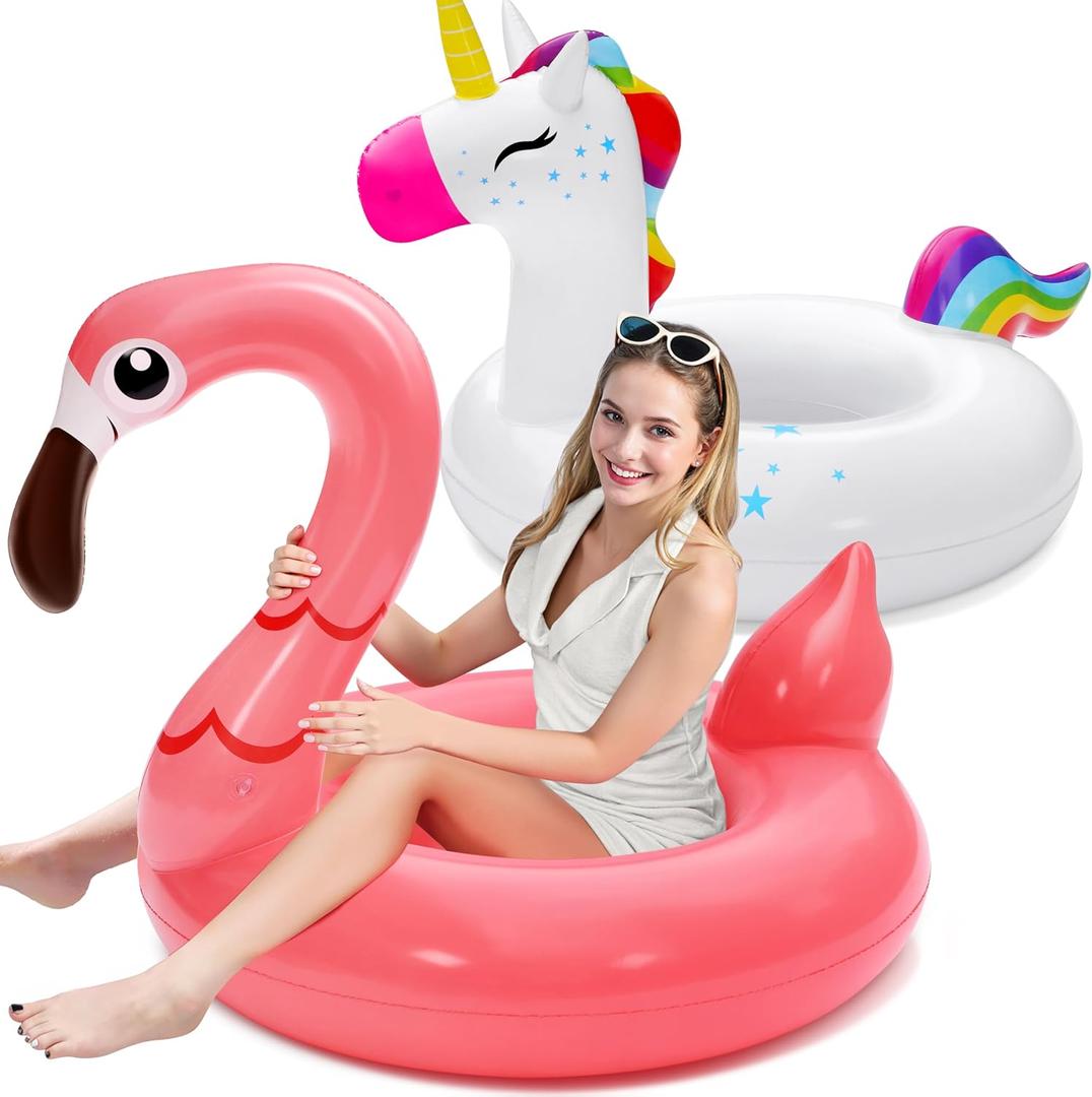 SLOOSH 2-Pack Unicorn Flamingo Pool Floats - Inflatable Pool Floaties Swimming Party Decorations, Fun Float Swim Rings Floating Tubes Beach Lake Summer Vacation Floaty with Headrest for Adults Kids, 42 Inches in Diameter