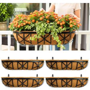 LaLaGreen 30 Inch, 4 Pack Railing Planters with Adjustable Mounting Brackets Black Metal Window Planter Boxes for Outdoor Gardening, Wall-Mount Flower Pots, Balcony Fence Patio, Porch, Garden