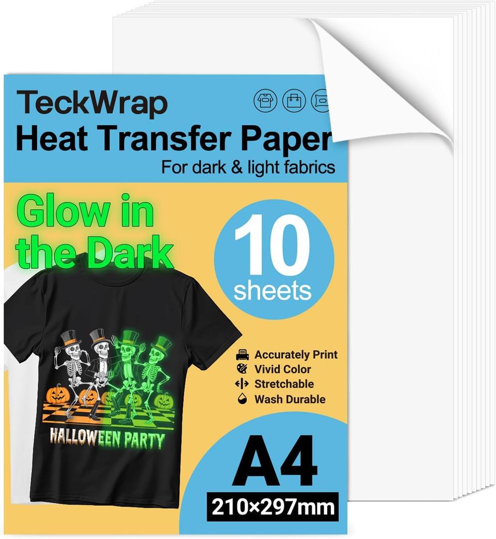 TECKWRAP Printable Heat Transfer Paper for T-Shirts 10 Sheets, 8.3" X 11.7" Printable Heat Transfer Vinyl for Inkjet Printer, Iron on Transfer Paper for Light and Dark Fabric (Glow in Dark)