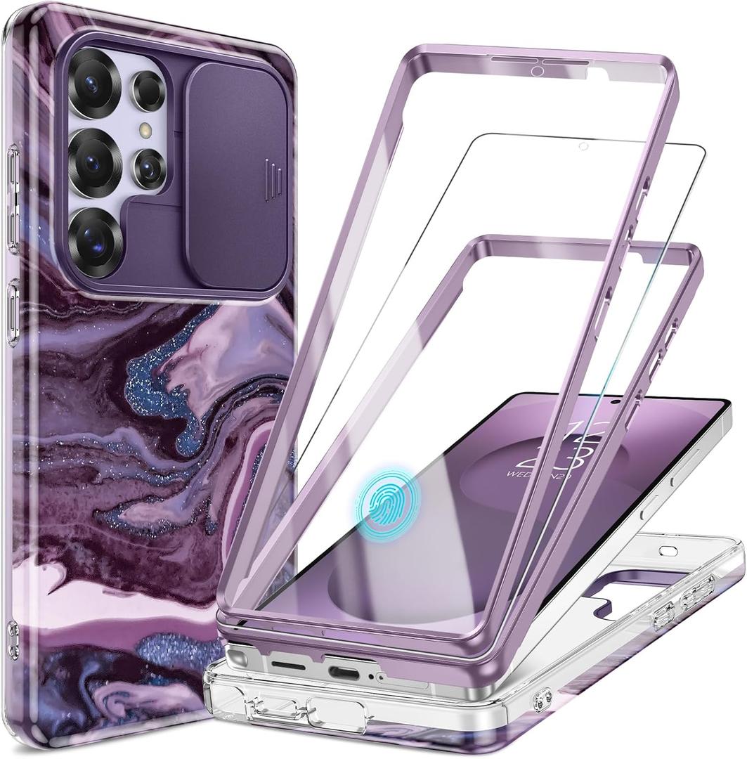 GVIEWIN for Samsung Galaxy S25 Ultra Case, [Slide Camera Cover & Built-in HD Screen Protector] [2 Front Frames] Shockproof Military Grade Protective Marble Phone Case 6.9" (Quicksand/Purple)