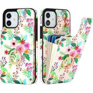 HAOPINSH for iPhone 12/ iPhone 12 Pro Wallet Case with Card Holder, 360°Rotation Ring Kickstand, Colorful Florals Pattern, RFID Blocking Leather for Girls Women, Double Buttons Protective Cover 6.1"