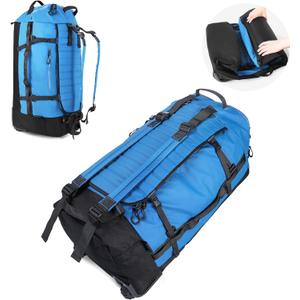 Vomgomfom 86L Collapsible Wheeled Luggage With Removable Backpack Straps,Waterproof Rolling Duffle Bag with Quilted Base,No Telescope Handle,Blue