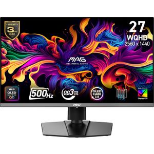 msi, MAG 272QP QD-OLED X50, 27-Inch, WQHD, 2560x1440, Gaming Monitor, Quantum Dot OLED Panel, 500Hz, 0.03ms, DisplayHDR True Black 500, HDMI 2.1, DP 1.4a, USB C (15WPD), Tilt/Height Adjustable, Black