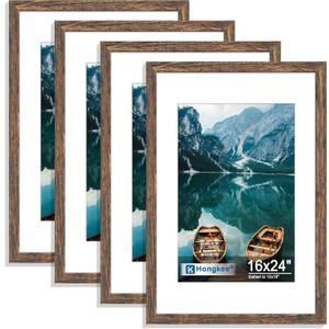 Hongkee 16x24 Frame Set of 4, 16 x 24 Rustic Brown Wood Style(Mat 12x18), 16X24 in