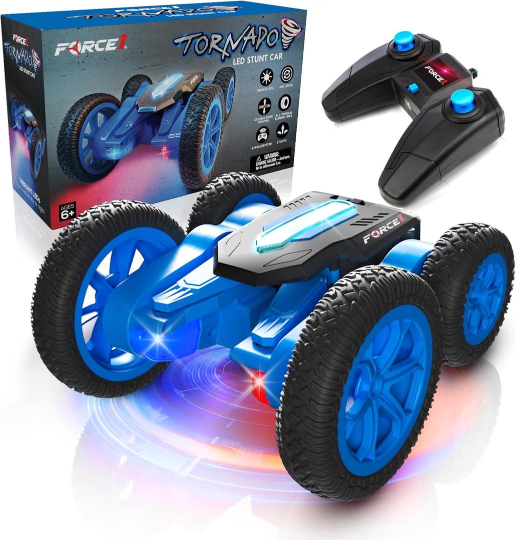 Force1 Tornado Blue LED Remote Control Car for Kids- Double Sided Driving Fast RC Cars 360 Flips, Outdoor 4WD Off Road Stunt RC Car, All Terrain Tires, RC Crawler Rechargeable Battery, 2.4GHz Remote