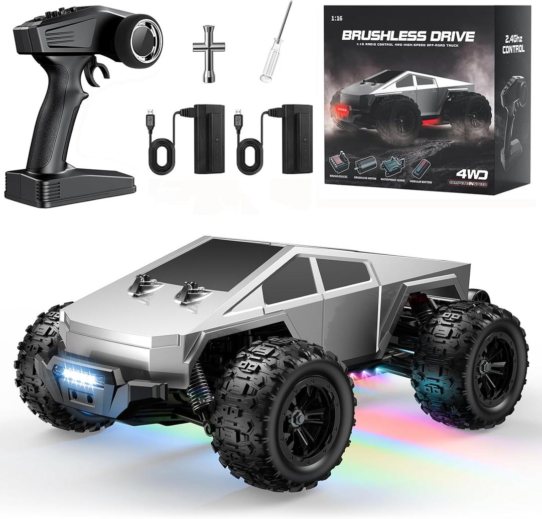 1/16 Brushless Fast RC Cars for Adult, 35Mph High Speed Remote Control Car, Cyber RC Truck, 4x4 Monster Truck Toy, 2.4GHz Remote, All Terrain Off-Road Vehicle, Colorful LED Light, Kids Gift