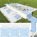 Extra Large Outdoor Picnic Blanket with Table Runner and Floor Pillow Cushion for Picnic Wedding Birthday Baby Shower Backyard Decor(91 x 71'',Light Blue,White,8 Pcs)